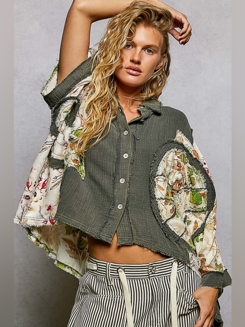 New POL Button-Front Patchwork Peace Top